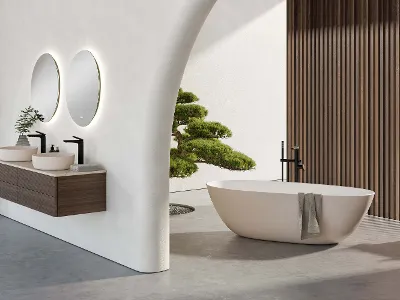 Beige Antao Badewanne in modernem Badezimmer Ein modernes Badezimmer mit dunklen Holzakzenten und einer Antao Badewanne sowie Waschbecken in beige.