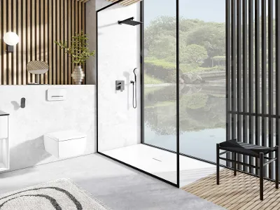 Memento 2.0 offenes Duschsystem im Japandi-Style Komplettbad Stilvolles Bad von Villeroy & Boch mit verglaster, offener Dusche und puristischem Naturdekor
