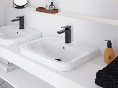 Salle de bains moderne avec lavabos blancs Architectura Salle de bain moderne avec deux lavabos blancs et des robinets noirs sur une étagère. Un distributeur de savon et un miroir sont placés sur la tablette. Les serviettes noires sont bien rangées sur une étagère inférieure.