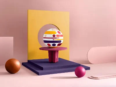 la Boule Miami mit verschiedenen Mustern wird auf einem violetten Sockel la Boule Miami mit verschiedenen Mustern wird auf einem violetten Sockel vor einem geometrischen Hintergrund mit rosa, gelben und orangefarbenen Elementen präsentiert.