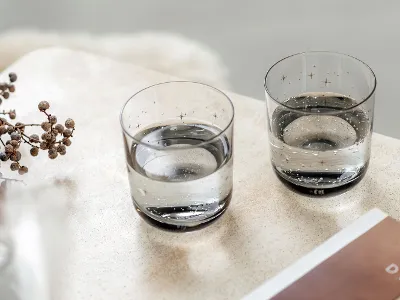 Des verres Winter Glow, un livre et des fleurs sur surface beige Deux verres d’eau sur une surface beige texturée avec des fleurs séchées et un livre posé à côté.