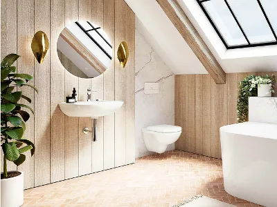 O.novo Waschbecken und Toilette sowie Badewanne in Weiß. Ein modernes helles Bad mit O.novo Wandwaschbecken von Villeroy & Boch. Ein großes Oberlicht und eine Topfpflanze sowie Holzakzente werten das Bad dekorativ auf.