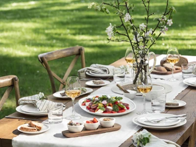 Outdoor table setting with Villeroy & Boch Artesano crockery Outdoor table setting with Villeroy & Boch Artesano crockery, fresh salads, glasses and a flower vase.