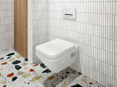 Weiße Architectura Toilette mit Ablagenische oben drüber Ein Badezimmer mit weiß gefliesten Wänden, einem Architectura Wand-WC, einer holzverkleideten Ablagenische mit Toilettenartikeln und einem Terrazzoboden mit farbigen Fragmenten.