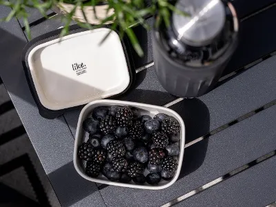 A ToGo & ToStay lunchbox on a dark grey table. A ToGo & ToStay lunchbox filled with berries next to a closed stainless steel bottle on a dark grey table.