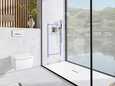 ViConnect Vorwandelement für Duscharmaturen mit einer Duschniesche aus Glas Modernes Badezimmer mit großer Glasdusche, hellen Holzakzenten und einem raumhohen Fenster mit Blick ins Grüne und aufs Wasser.