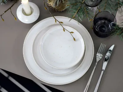 Un dîner de fête avec Winter Glow à la lueur d’une bougie Une table festive, décorée avec des assiettes Winter Glow, des couverts de table et un bougeoir Winter Glow, entourée de branches de sapin.
