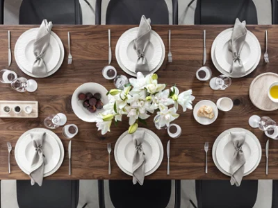 Manufacture Rock Blanc tablesetting aerial view Aerial view of full Manufacture Rock Blanc tablesetting.