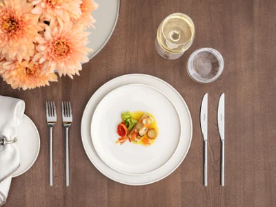 Afina dinner plate and silver cutlery with a small starter A small starter, wine and water will be served on a neatly laid table on Afina dinner plates and silver cutlery.