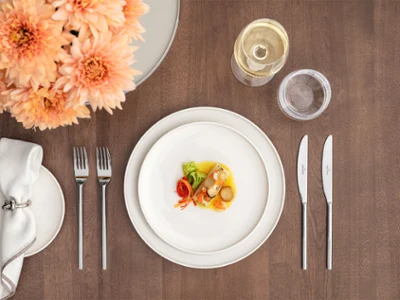 Formal table setting from the Afina collection with a small plate, a wine glass, a water glass and cutlery. Ein formeller gedeckter Tisch der Afina Kollektion mit einem kleinen Teller, einem Weinglas, einem Wasserglas, Besteck, einer Serviette und einer Blumenvase.