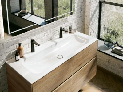 Finion washbasin with black Conum taps Modern bathroom with a double washbasin, two black taps and a large mirror next to a window with green plants.