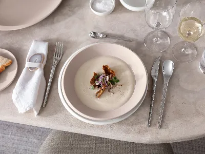 Piatto e posate di Villeroy & Boch con vellutata Una tavola apparecchiata con piatti e posate NewMoon di Villeroy & Boch con vellutata.