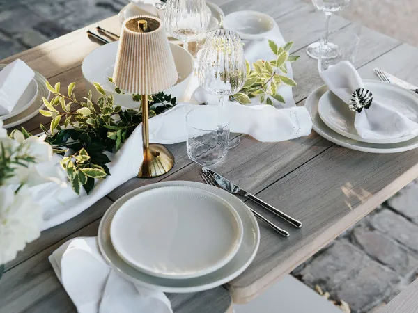 Elegant outdoor dining setup on a wooden table with Afina white plates, Udine cutlery, and Rose Garden wine crystal glasses. A small gold lamp and greenery add a sophisticated touch.