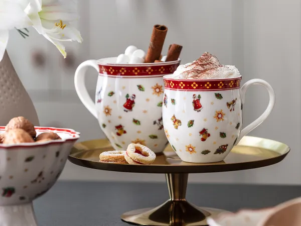 Christmas drinks served in Toy's Delight mugs