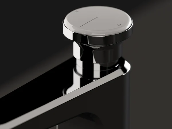 Czarna bateria umywalkowa Vea z białym pokrętłem Zbliżenie nowoczesnego, metalowego uchwytu baterii o lśniącej powierzchni na ciemnym tle.
