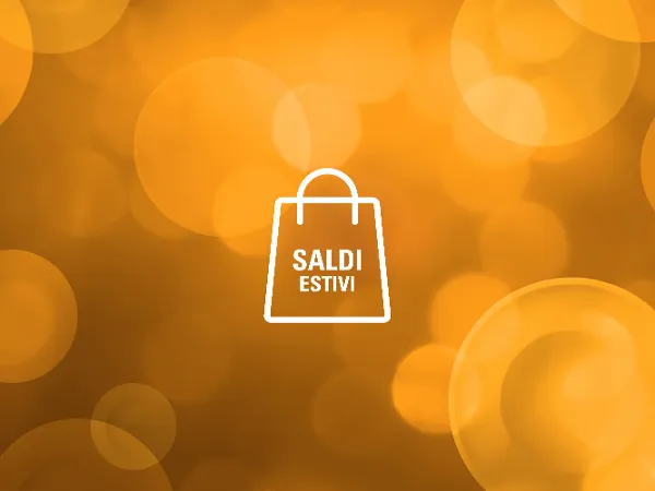 Icona di borsa bianca con la scritta "Saldi estivi" su sfondo arancione.