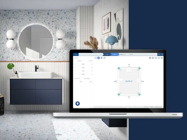 Bathroom planner view on a screen A view of the Villeroy & Boch bathroom planner is open on a laptop. In the background is a representation of the bathroom.
