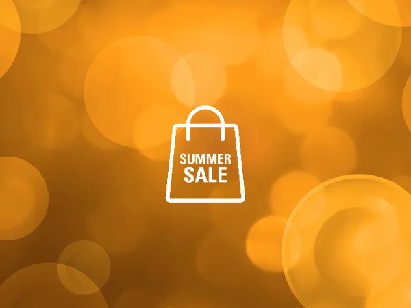 White shopping bag icon with the text "Summer Sale" on an orange background.
