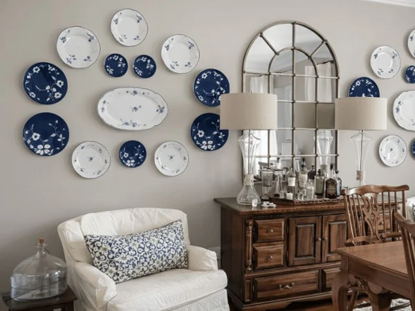 old luxembourg plates on a wall as art Cozy living room with a white armchair, floral pillow, and wall adorned with blue and white decorative plates. Wooden cabinet and ornate mirror nearby.