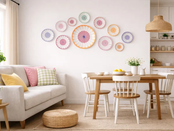 fleur plates on a wall as art A cozy living room with a beige sofa adorned with pastel cushions, a wooden dining table with white chairs, and circular wall art. Soft, inviting ambiance.