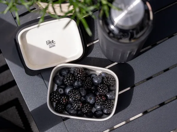 Un portapranzo ToGo & ToStay si trova su un tavolo grigio scuro. Un cestino per il pranzo ToGo & ToStay pieno di frutti di bosco si trova accanto a una borraccia di acciaio inossidabile chiusa su un tavolo grigio scuro.
