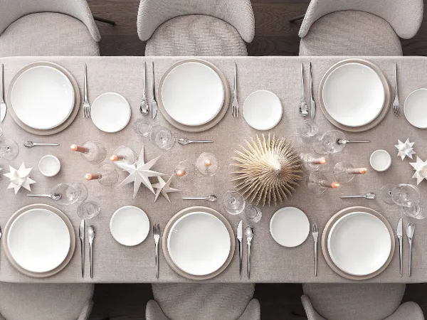 Modern Christmas table setting with NewMoon crockery A dining table set for eight people with white NewMoon plates, silver cutlery and glasses. Decorative star-shaped ornaments and a spiky centrepiece adorn the table.