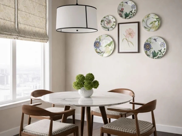 amazonia plates on a wall as art Dining room with a round marble table, four wooden chairs, and a large overhead light. Wall adorned with floral plates and a framed flower print. Bright, airy feel.