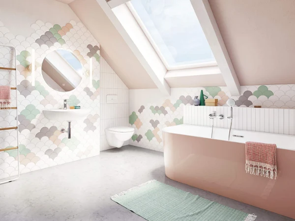Un lavabo O.novo blanco en un cuarto de baño con azulejos de colores detrás del lavabo