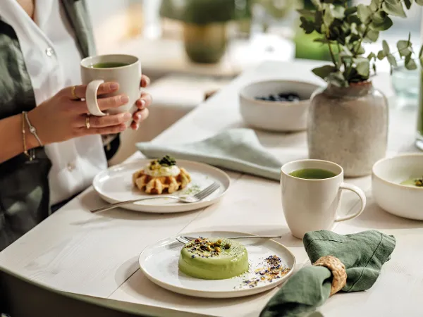 Köstliche Vielfalt am Esstisch mit Crafted-Tee Person hält eine Crafted-Tasse Tee an einem Esstisch mit verschiedenen gedeckten Gerichten, darunter ein grünes Dessert, Waffeln und eine Schüssel Suppe