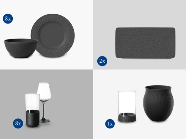 Zusammenstellung aller Preise des Gewinnspiels: 8x Manufacture Rock Rotweinkelch, 8x Manufacture Rock Longdrinkbecher, 8x Manufacture Rock Speiseteller, 8x Manufacture Rock Bol 0,65l,
2x Manufacture Rock Servierplatte rechteckig
1x Manufacture Rock Home Windlicht L, 1x Manufacture Collier noir Vase Perle groß