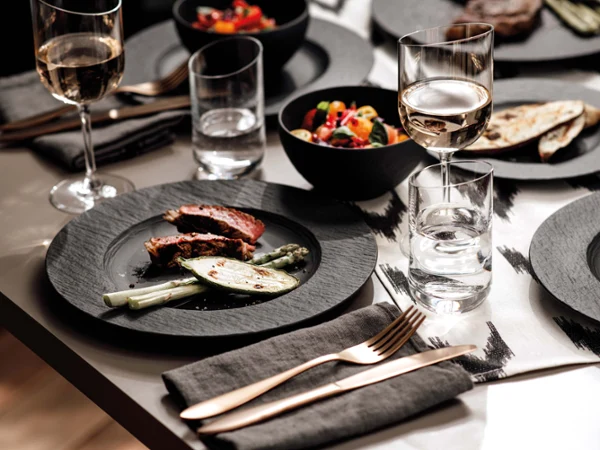 Manufacture crockery with elegant barbecue food Elegant barbecue food on Manufacture crockery with NewMoon glasses.