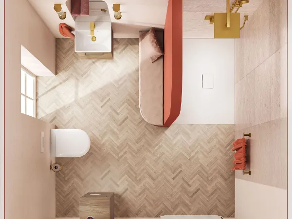 Draufsicht auf ein Bad mit Toilette, Waschbecken und Dusche Draufsicht eines modernen Badezimmers mit Toilette, Waschbecken mit Spiegel, beigem Boden mit Holzstruktur und weißer Dusche mit roter Akzentwand. Es sind goldene und rote Accessoires vorhanden.