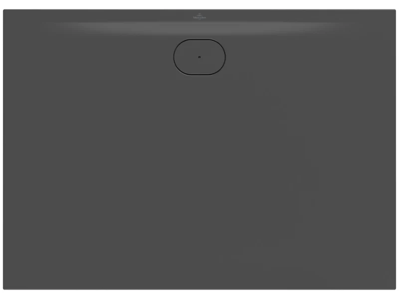 Villeroy & Boch Ecora shower tray in Anthracite with oval waste cover, shown cut out.
