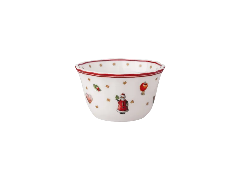Advent Calendar sneak peak - 04 Bowl White ceramic bowl with a red rim, decorated on the outside with festive motifs such as Santa Claus and ornaments.