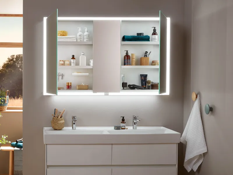 Open My View mirror cabinet by Villeroy & Boch in a simple bathroom.