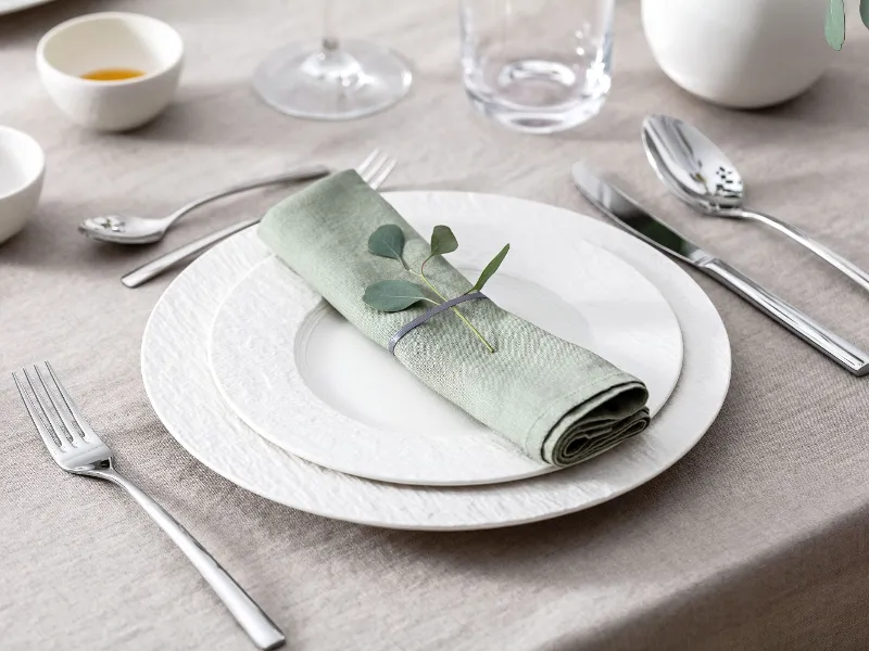 A table set with two white Manufacture plates, a pastel-green napkin, Piedmont cutlery and eucalyptus.