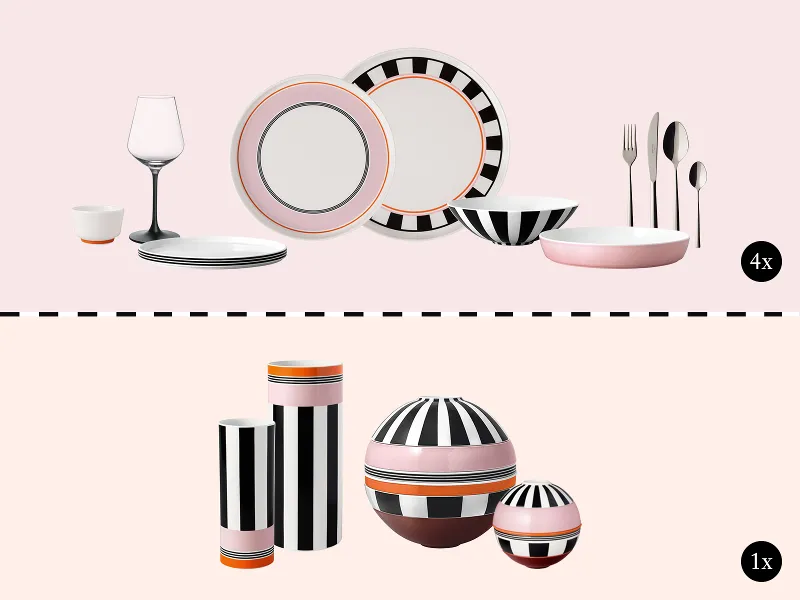 Geschirr und Vasen, in zwei Sets auf hellem Hintergrund Schwarz, weiß, rosa und orange gestreiftes Geschirr und Vasen, in zwei Sets auf hellem Hintergrund