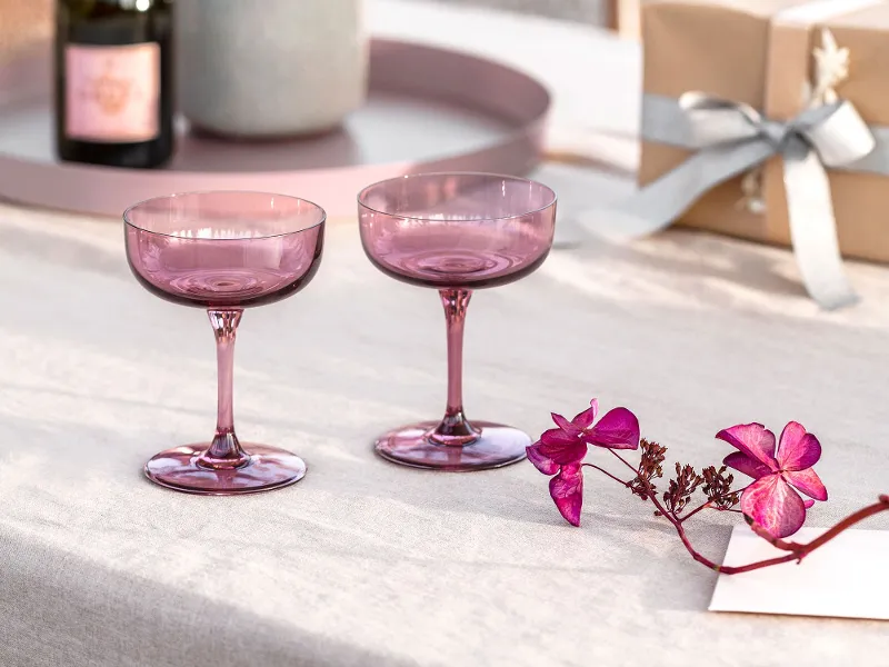 Two like. by Villeroy & Boch wine glasses on a table beside a bottle of champagne.