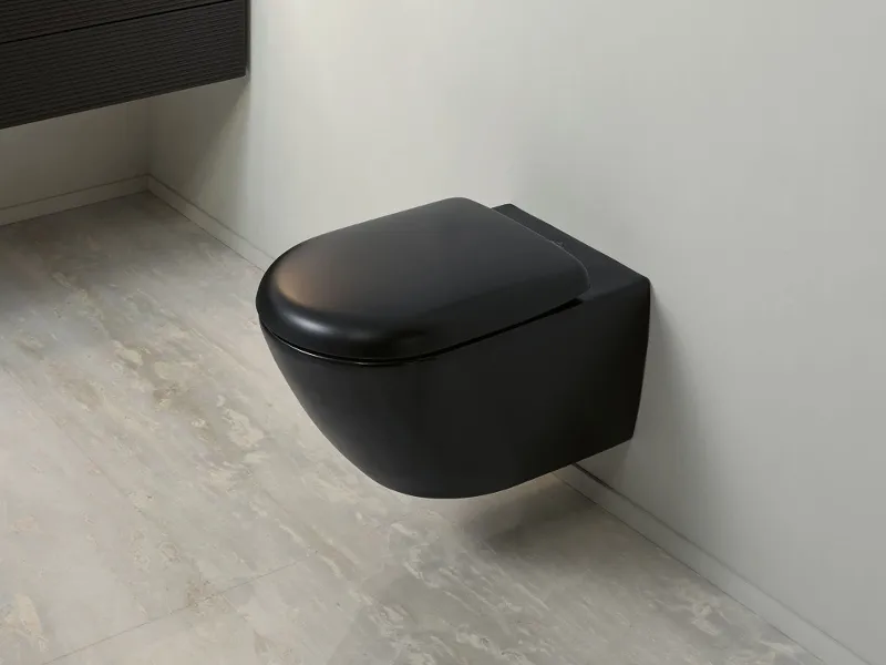 Black toilet and black control panel in a simple modern bathroom.