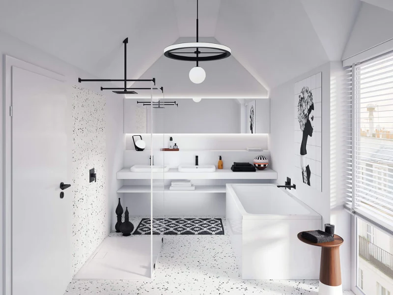 Biała wanna Architectura z miejscem do mycia i prysznicem w łazience industrialnej Nowoczesna łazienka z ceglanymi ścianami, wolnostojącą wanną, szklaną kabiną prysznicową, świetlikiem i kolorowym dywanem na betonowej podłodze.