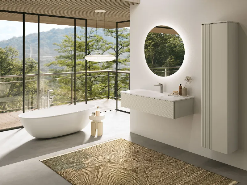 A modern bathroom with large windows and a Villeroy & Boch Antao bath.