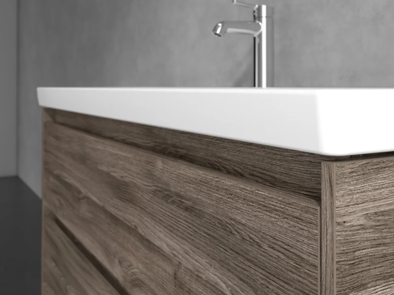 Skyla Stone Oak wastafelmeubel met witte wastafel en chromen kraan Villeroy & Boch Skyla wastafelmeubel in Stone Oak met witte keramische wastafel en chromen kraan – natuurlijke textuur ontmoet tijdloze elegantie.