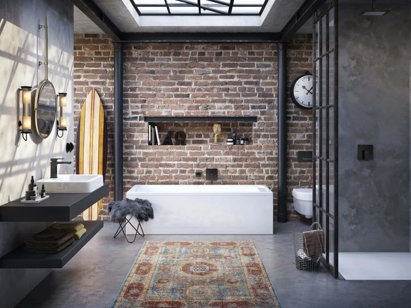 Wanna Architectura przed szarą ścianą White bathtub with a grey towel draped over the edge in a modern bathroom with wooden floor and stone countertop.