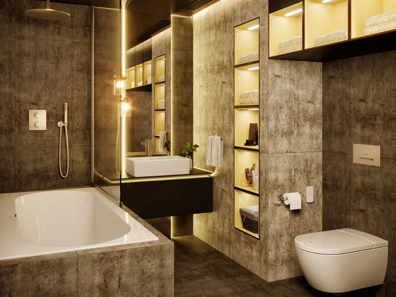 Collaro washbasin in a dark-coloured bathroom with indirect lighting.