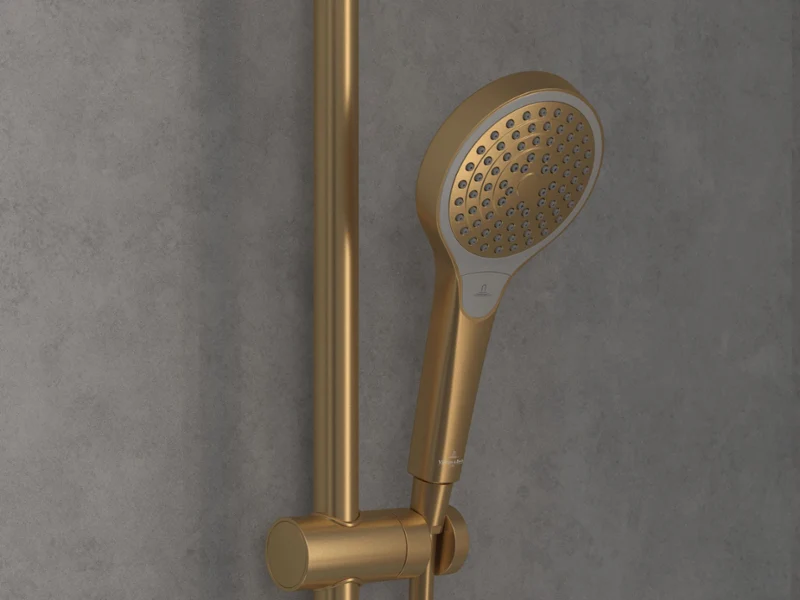 Modern look in the bathroom with the Infinity Shower shower system A wall-mounted black shower system with a rain shower head and a hand shower in front of a copper-coloured textured wall in a modern bathroom.