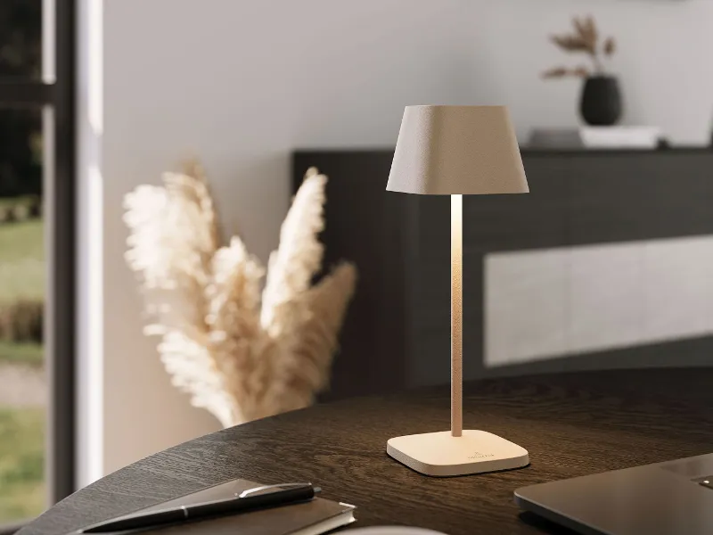 Eine moderne Tischlampe mit beigem Schirm steht auf einer dunklen Oberfläche in einem hellen, minimalistischen Raum mit Pampasgras im Hintergrund.