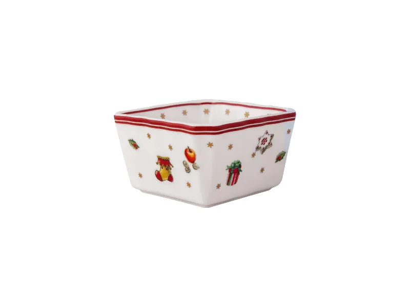 Advent Calendar sneak peak - 12 Bowl White square bowl with a red rim and various colourful Christmas motifs on the sides.