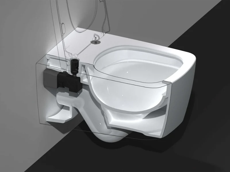Vue en coupe d'un WC suspendu avec représentation de l'installation intérieure et de la structure de fixation.