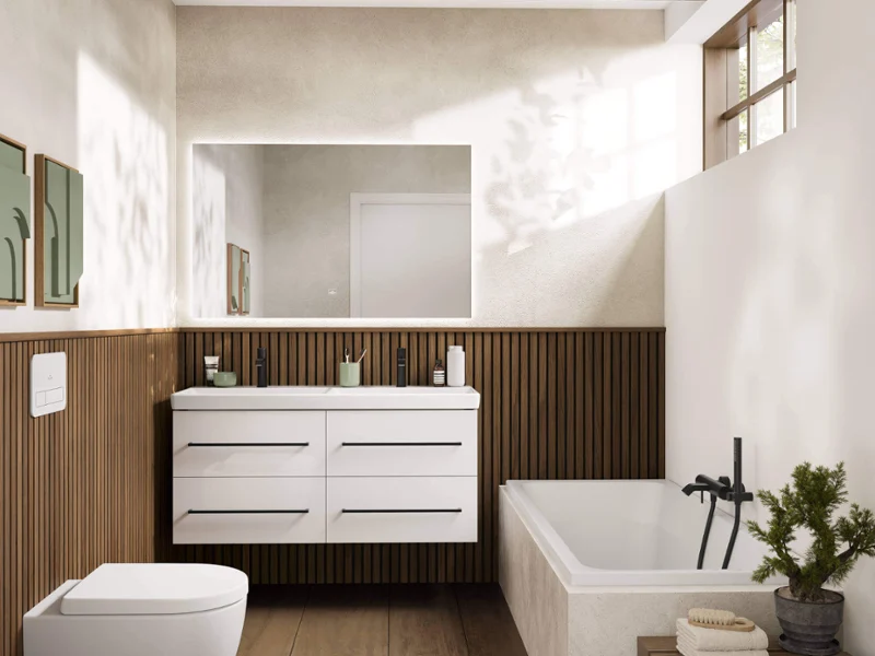 Small bathroom with wood accents and white vanity Cozy Avento bathroom in Japandi style with wood accents, white vanity unit, bathtub, and modern black fittings in a calm, natural atmosphere.