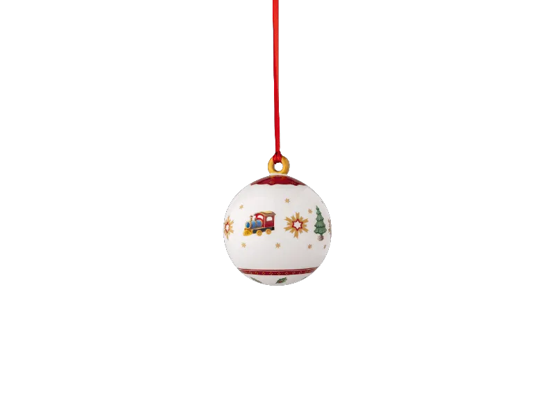 Advent Calendar sneak peak - 10 Round ornament White Christmas ornament by Villeroy & Boch with a red ribbon, train, snowflakes and Christmas tree ornaments.